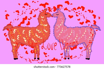 Two lovers, kissing llamas surrounded by hearts. Love is in the air. Inscription Our love warms, postcard, Valentine's Day