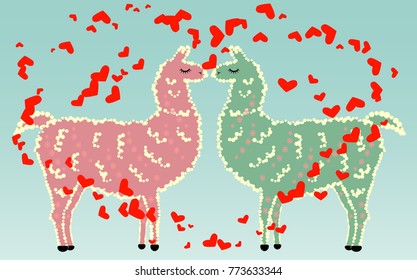 Two lovers kissing llamas surrounded by hearts. Love in the air, postcard to the day of Saint Valentine