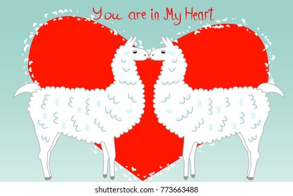 Two lovers, kissing llamas surrounded by hearts. Love is in the air. Inscription You in my heart, postcard, Valentine's day
