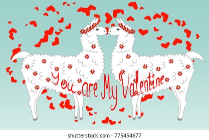 Two lovers, kissing llamas surrounded by hearts. Love is in the air. Inscription You are my Valentine, postcard, Valentine's day
