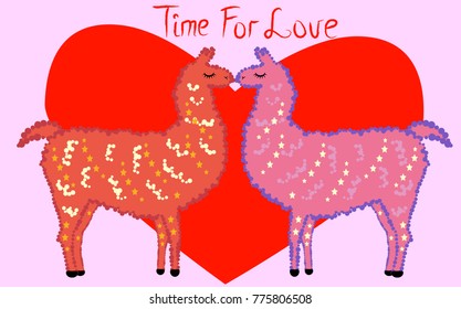 Two lovers, kissing llamas surrounded by hearts. Love is in the air. The inscription Time for love, postcard, Valentine's day