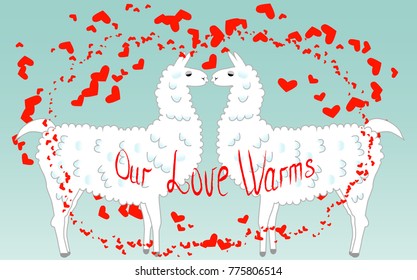 Two lovers, kissing llamas surrounded by hearts. Love is in the air. Inscription Our love warms, postcard, Valentine's Day