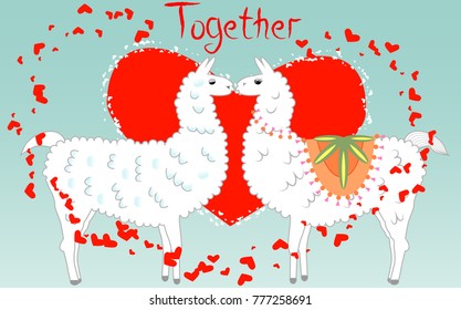 Two lovers kissing llamas surrounded by hearts. Love is in the air. Inscription Together in a red heart surrounded by lesser hearts, postcard, Valentine's day