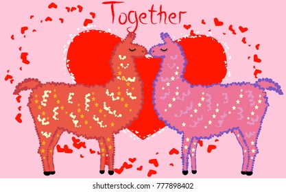 Two lovers kissing llamas surrounded by hearts. Love is in the air. Inscription Together in a red heart surrounded by lesser hearts, postcard, Valentine's day