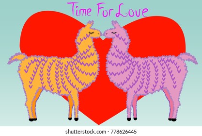 Two lovers, kissing llamas surrounded by hearts. Love is in the air. The inscription Time for love, postcard, Valentine's day
