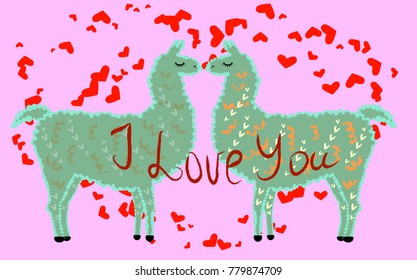 Two lovers, kissing llamas surrounded by hearts. Love is in the air. Inscription I love you, postcard, Valentine's day