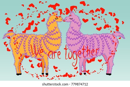 Two lovers, kissing llamas surrounded by hearts. Love is in the air. The inscription We are together, postcard, Valentine's day