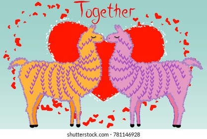 Two lovers kissing llamas surrounded by hearts. Love is in the air. Inscription Together in a red heart surrounded by lesser hearts, postcard, Valentine's day