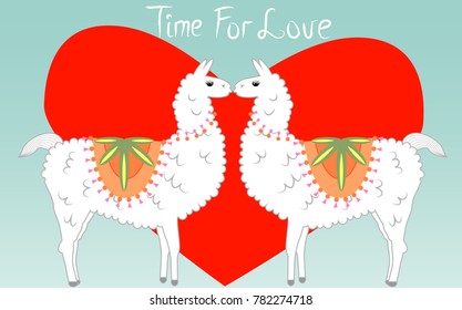 Two lovers, kissing llamas surrounded by hearts. Love is in the air. The inscription Time for love, postcard, Valentine's day