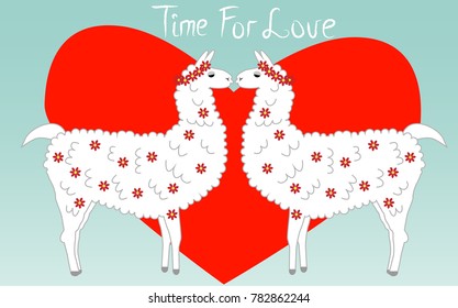 Two lovers, kissing llamas surrounded by hearts. Love is in the air. The inscription Time for love, postcard, Valentine's day