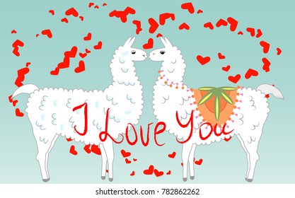 Two lovers, kissing llamas surrounded by hearts. Love is in the air. Inscription I love you, postcard, Valentine's day