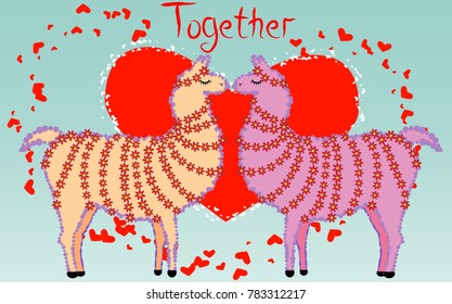 Two lovers kissing llamas surrounded by hearts. Love is in the air. Inscription Together in a red heart surrounded by lesser hearts, postcard, Valentine's day