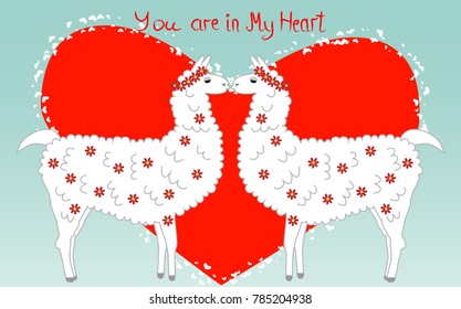 Two lovers, kissing llamas surrounded by hearts. Love is in the air. Inscription You in my heart, postcard, Valentine's day