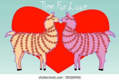Two lovers, kissing llamas surrounded by hearts. Love is in the air. The inscription Time for love, postcard, Valentine's day