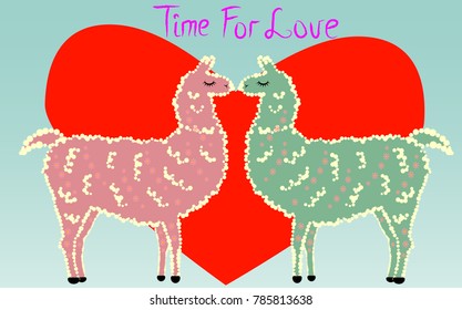 Two lovers, kissing llamas surrounded by hearts. Love is in the air. The inscription Time for love, postcard, Valentine's day