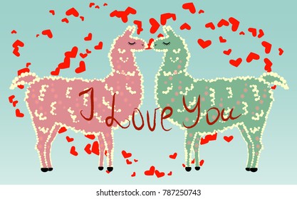 Two lovers, kissing llamas surrounded by hearts. Love is in the air. Inscription I love you, postcard, Valentine's day