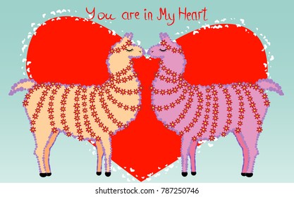 Two lovers, kissing llamas surrounded by hearts. Love is in the air. Inscription You in my heart, postcard, Valentine's day