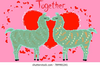 Two lovers kissing llamas surrounded by hearts. Love is in the air. Inscription Together in a red heart surrounded by lesser hearts, postcard, Valentine's day