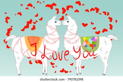 Two lovers, kissing llamas surrounded by hearts. Love is in the air. Inscription I love you, postcard, Valentine's day