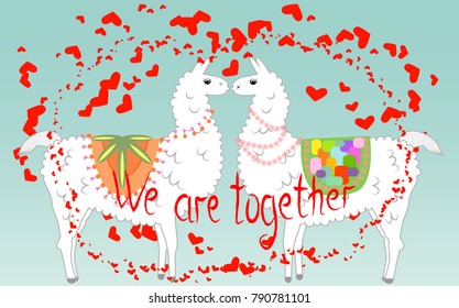 Two lovers, kissing llamas surrounded by hearts. Love is in the air. The inscription We are together, postcard, Valentine's day