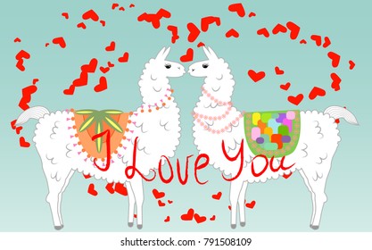Two lovers, kissing llamas surrounded by hearts. Love is in the air. Inscription I love you, postcard, Valentine's day