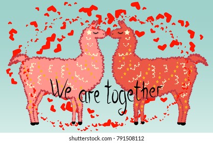 Two lovers, kissing llamas surrounded by hearts. Love is in the air. The inscription We are together, postcard, Valentine's day