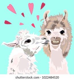 Two lovers, kissing llamas.Cartoon llamas in love. Romantic vector. Time for love, postcard, Valentine's day.