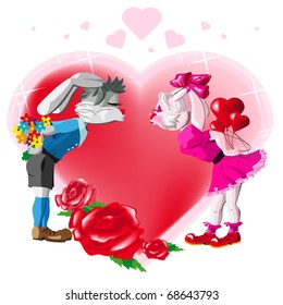 Two lovers kissing rabbits