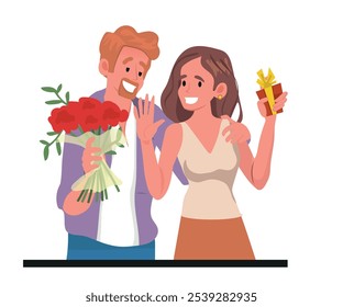 Dos amantes. Un hombre le da a una mujer una flor y un regalo. Tienen una fecha, un aniversario, un cumpleaños. Ilustración vectorial con fondo blanco.