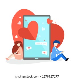 Two lovers messaging online. Social media with phone, heart, message use online meeting app for chatting. Flat illustration