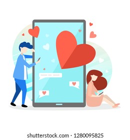 Two lovers messaging online. Social media with phone, people use online meeting app for chatting. Flat illustration