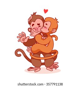 Two lovers monkeys kissing. Cute cartoon character for greeting card for Valentine's Day. Monkeys isolated on a white background.