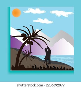 Two lovers on the beach with tropical sunset behind them
