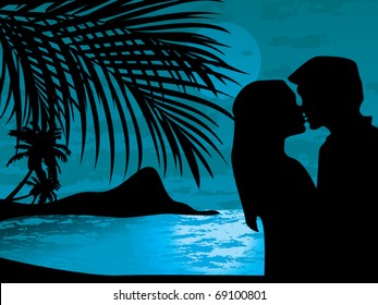 Two lovers on the night beach with moon, palms, sea and island behind them