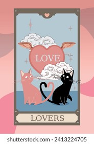 Two Lovers On Tarot Card. Black and red cats in fasion retro style. Saint Valentine's day. 