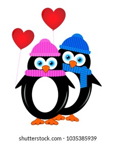 Two lovers penguin with balloons in the form of hearts.                                                                                   