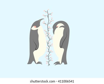 Two lovers penguin and tree of hearts