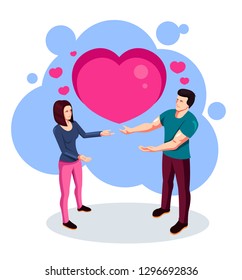 Two lovers people man and woman characters holding heart. Vector flat cartoon graphic design illustration
