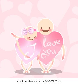 Two lovers pink heart. The boy hugs a girl with a bow. Funny vector characters. Congratulations on the Valentine's day. Illustration