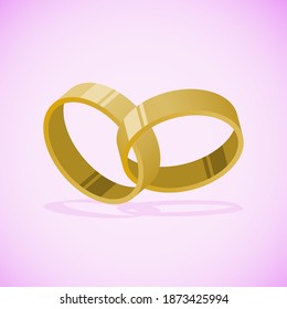 Dos anillos amantes entrelazados en un fondo rosado centrado en el centro, ilustración vectorial de objeto plano, pareja casan concepto de valentina.