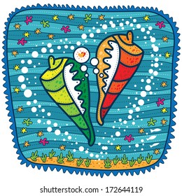 Two lovers seashells tell each other about love