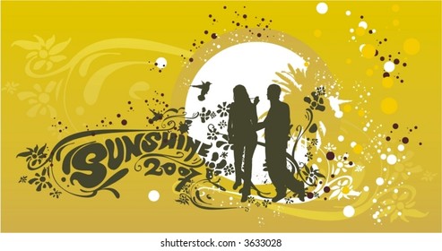 two lovers silhouete on abstract floral background