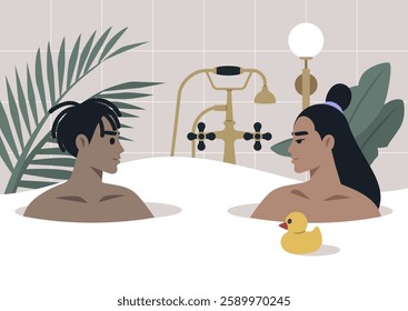 Two lovers sit in a warm, bubbly bathtub, gazing into each other's eyes, surrounded by tropical plants and a cheerful rubber duck, creating an atmosphere of intimacy and joy