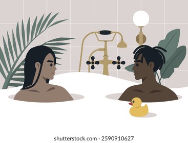 Two lovers sit in a warm, bubbly bathtub, gazing into each other's eyes, surrounded by tropical plants and a cheerful rubber duck, creating an atmosphere of intimacy and joy