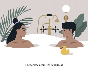 Two lovers sit in a warm, bubbly bathtub, gazing into each other's eyes, surrounded by tropical plants and a cheerful rubber duck, creating an atmosphere of intimacy and joy