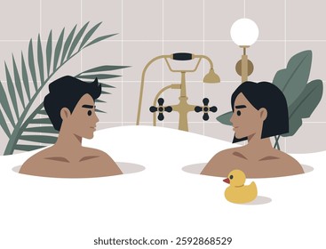 Two lovers sit in a warm, bubbly bathtub, gazing into each other's eyes, surrounded by tropical plants and a cheerful rubber duck, creating an atmosphere of intimacy and joy