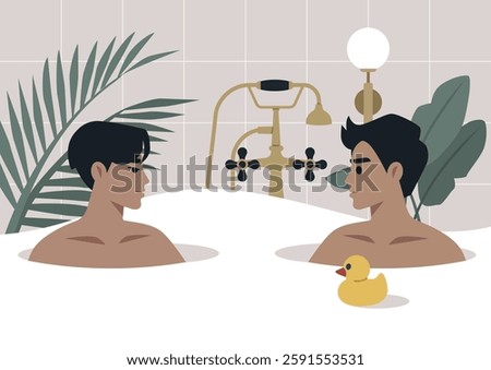 Two lovers sit in a warm, bubbly bathtub, gazing into each other's eyes, surrounded by tropical plants and a cheerful rubber duck, creating an atmosphere of intimacy and joy