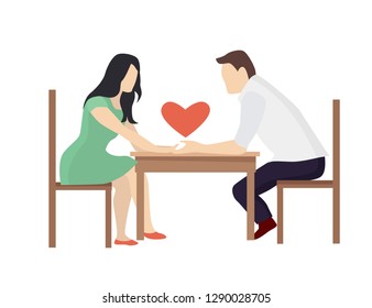 Two lovers are sitting in a cafe or restaurant. The guy congratulates the girl on Valentine's Day or March 8. Cartoon style flat illustration.