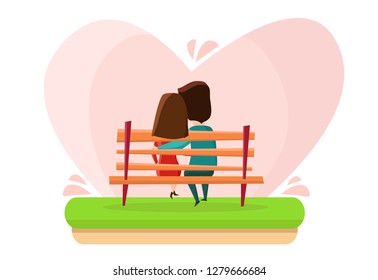 Two lovers are sitting on the bench and embracing. On the background of a large gentle heart. Vector flat cartoon illustration.