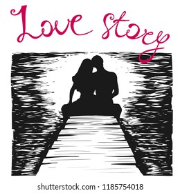 Two lovers sitting on a bridge near the sea with a slogan. Vector illustration.
